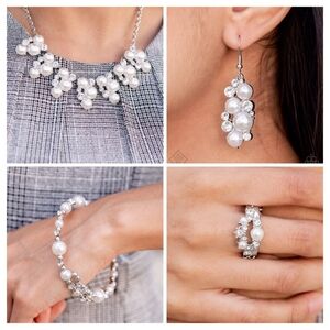 Paparazzi Jewelry Set White Silver Pearl  Bling Necklace Earrings Bracelet Ring